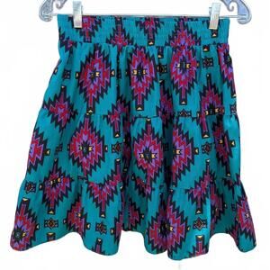 Square Up Fashion Size P Vibrant Tiered Teal Tribal Print Western Dance Skirt